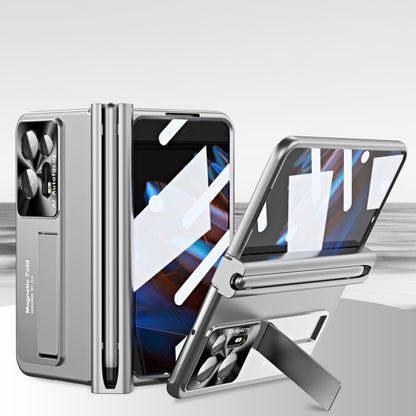 Silver folding phone case with metal hinge and pen slot
