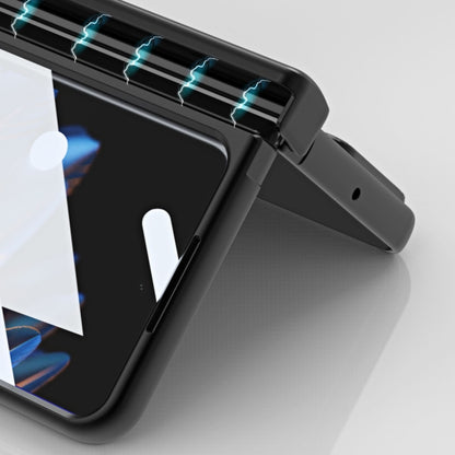 Black folding phone case with front display cutout and pen slot