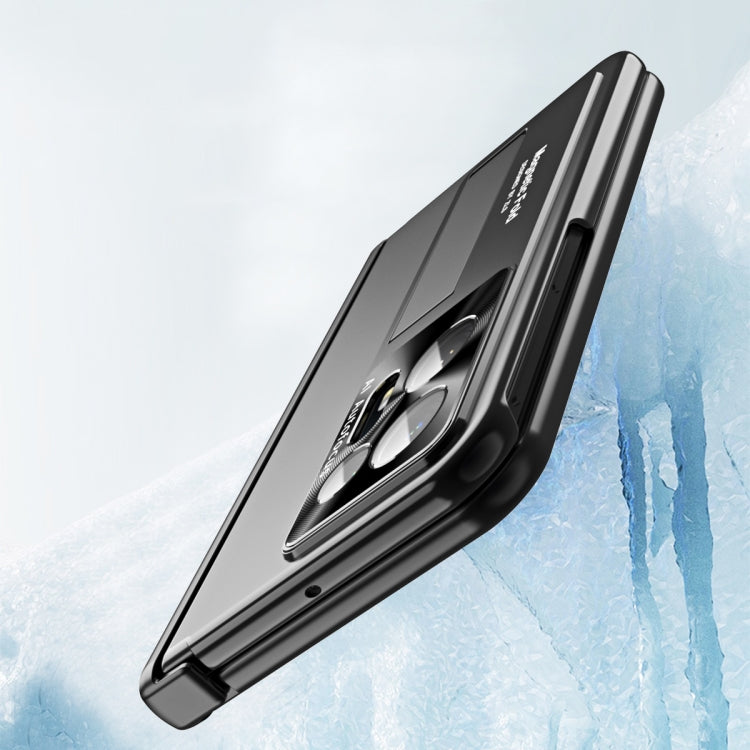 Black folding phone case side view with hinge and pen slot