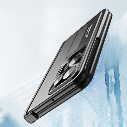 Black folding phone case side view with hinge and pen slot