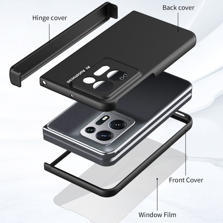 Black folding phone case with front cover and back hinge cover components