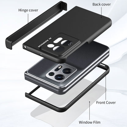 Black folding phone case with front cover and back hinge cover components