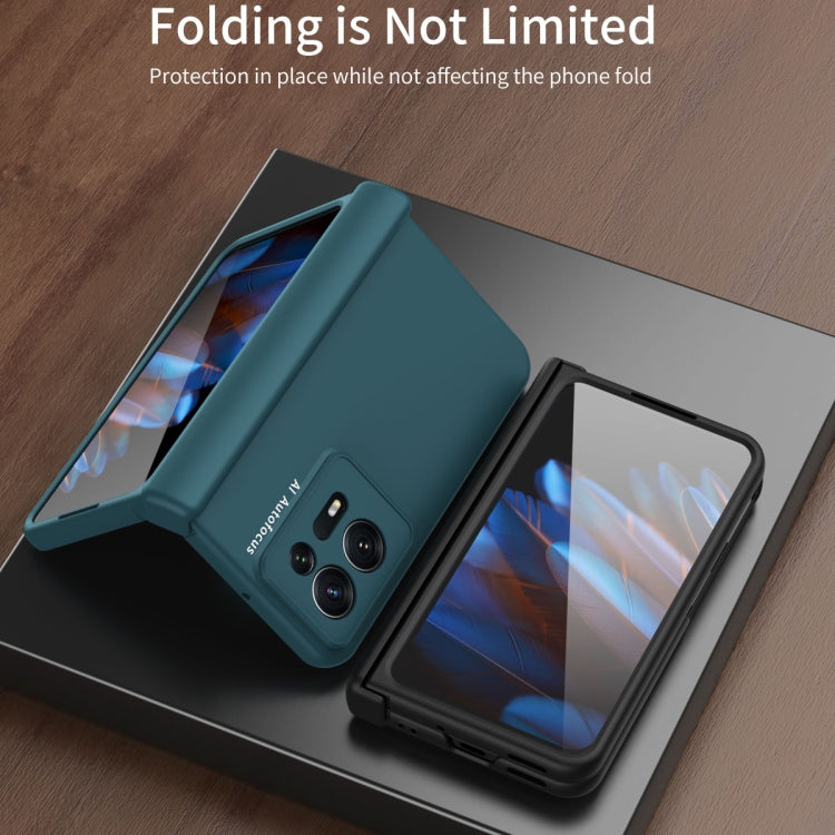 Folding phone case in teal with hinge cover and window display