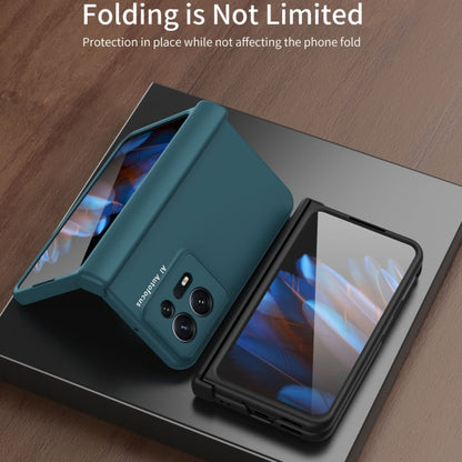 Folding phone case in teal with hinge cover and window display
