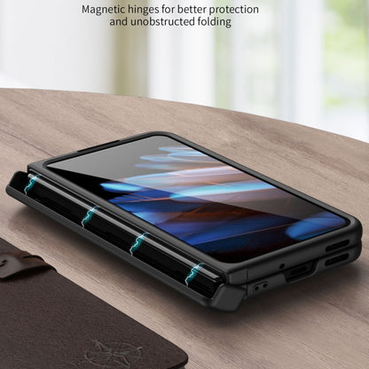 Black folding phone case with magnetic hinge points and screen window