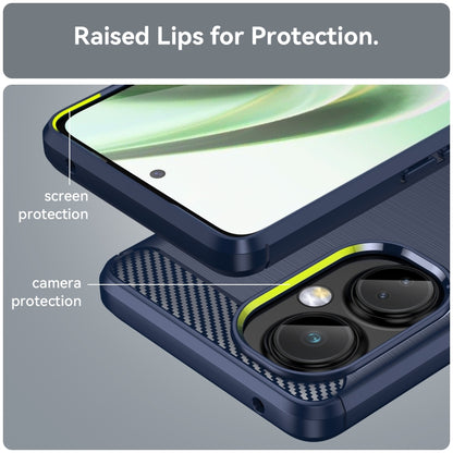 Blue TPU phone case with raised edges for screen and camera protection, cutouts visible