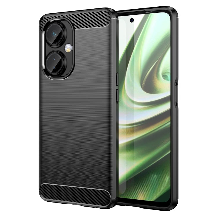 Black brushed texture TPU phone case with carbon fiber-style top and dual camera cutout