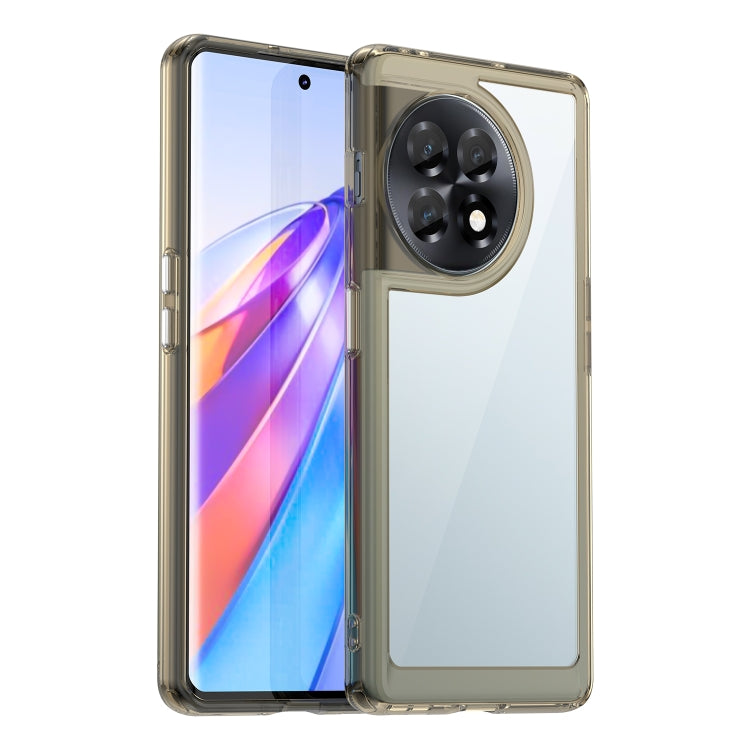 Transparent grey phone case with camera lens cutout and protective raised frame