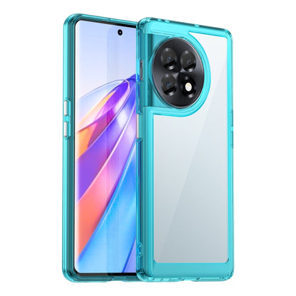 Transparent teal acrylic TPU phone case with camera cutout and raised side protection