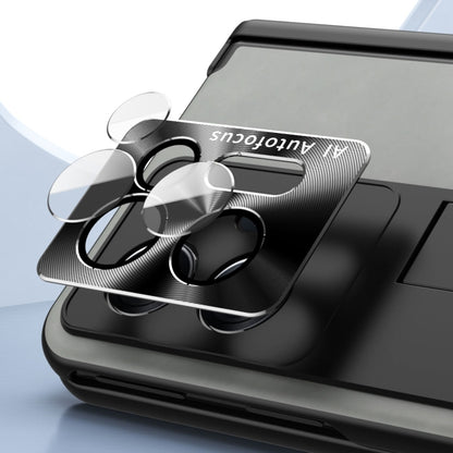 Close-up of black magnetic phone case with textured camera cutout and protective lens cover