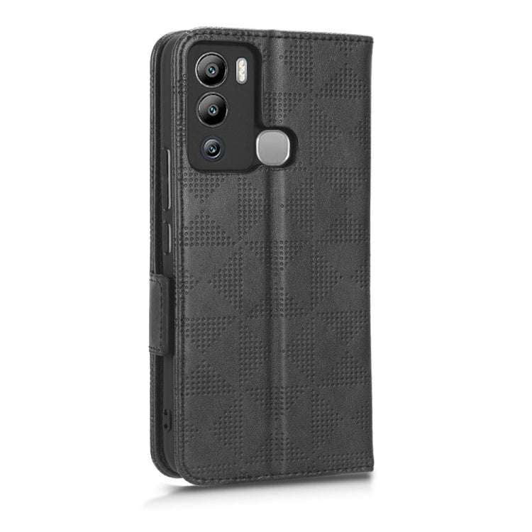 Black leather phone case with raised triangle pattern and cutouts for camera and buttons