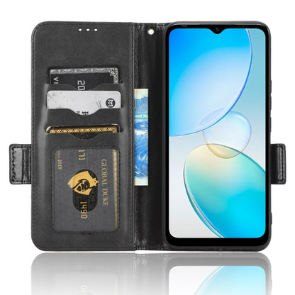 Black leather wallet phone case with triangle pattern, card slots, and flip cover