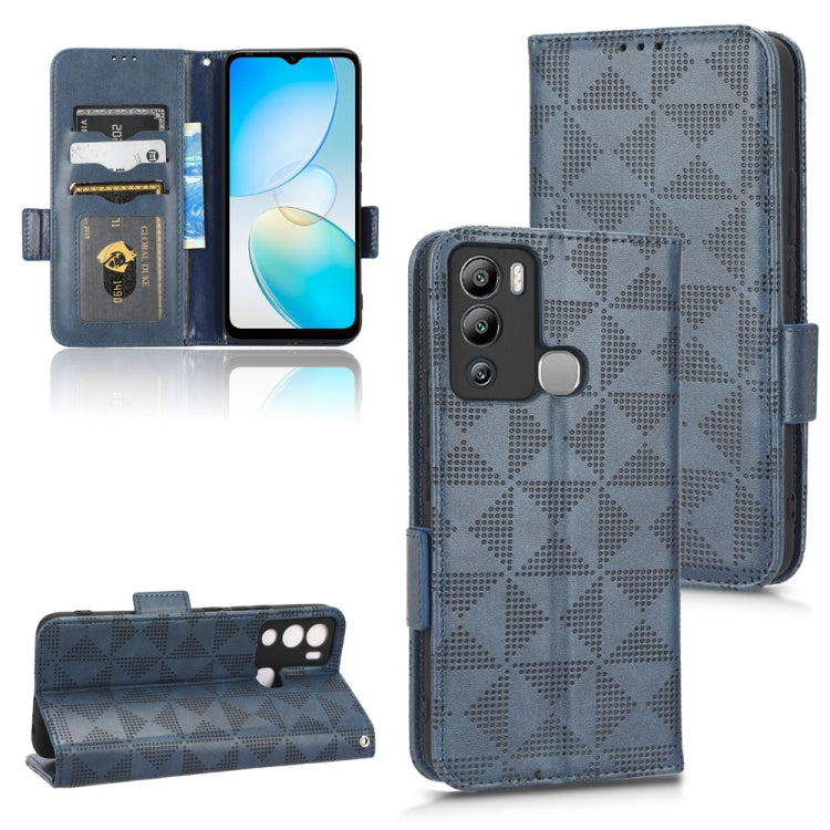 Blue leather-look flip phone case with geometric triangle pattern and side camera cutout