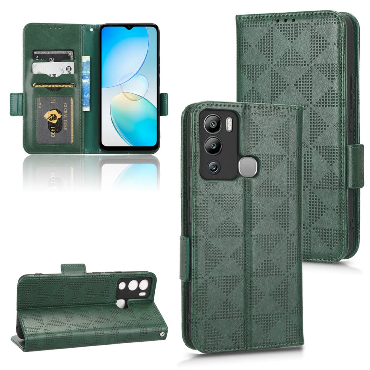 Green folio phone case with geometric triangle texture, magnetic flap, card slots, stand