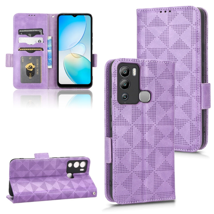 Purple patterned leather flip phone case with card slots and camera cutout