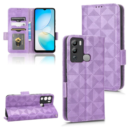 Purple patterned leather flip phone case with card slots and camera cutout