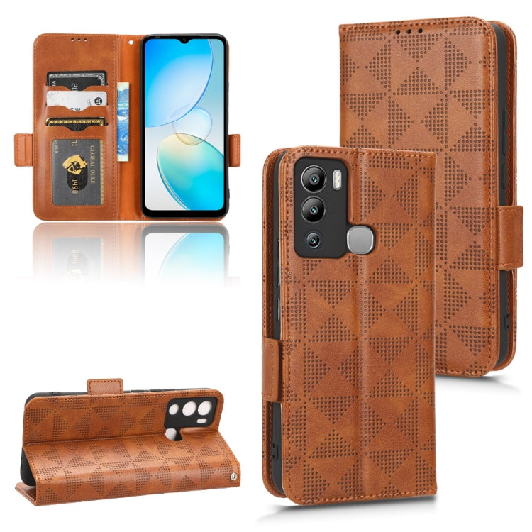 Brown symmetrical triangle leather phone case with folio stand and card holder slots
