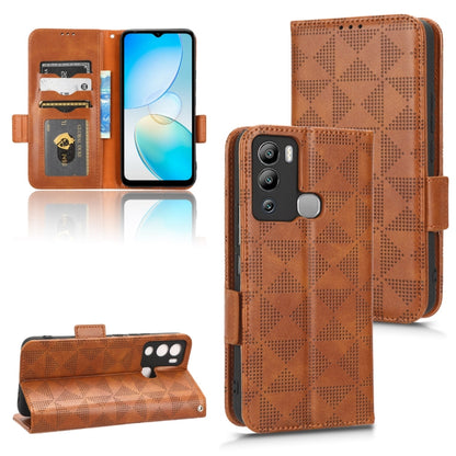 Brown symmetrical triangle leather phone case with folio stand and card holder slots