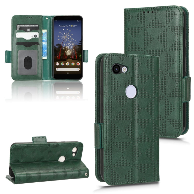 Green folio phone case with triangle diamond pattern, magnetic flap, card holder, stand