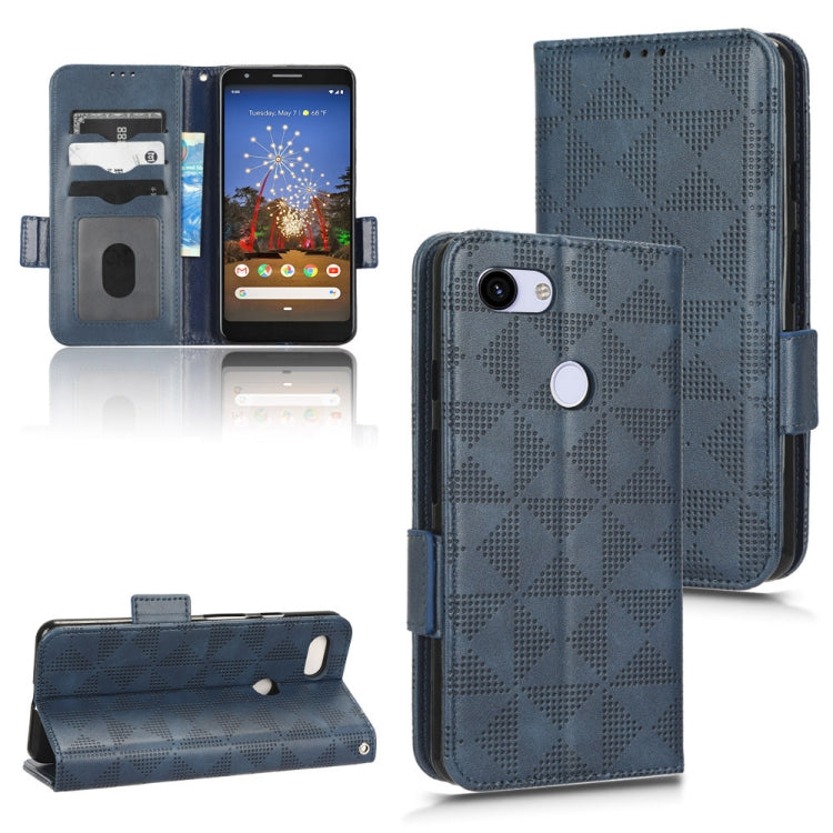 Blue leather-look flip phone case showing back camera opening and round kickstand