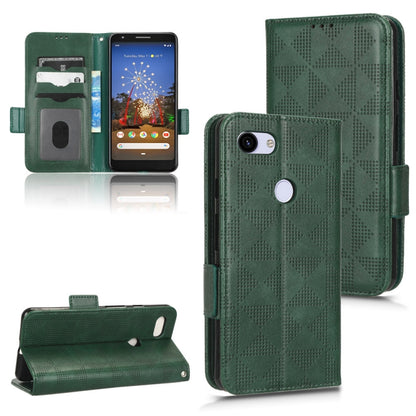 Dark green leather wallet phone case with symmetric triangle pattern, flip cover and card slots
