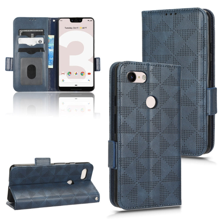 Blue leather-look wallet case with geometric triangle pattern, flip cover, and card slots