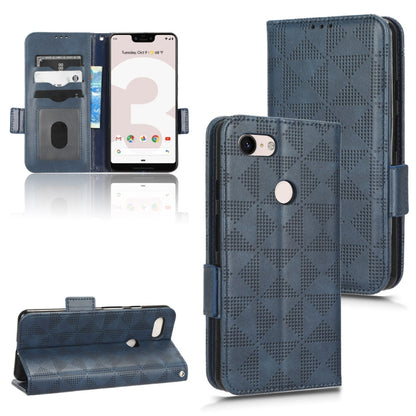 Blue leather-look wallet case with geometric triangle pattern, flip cover, and card slots