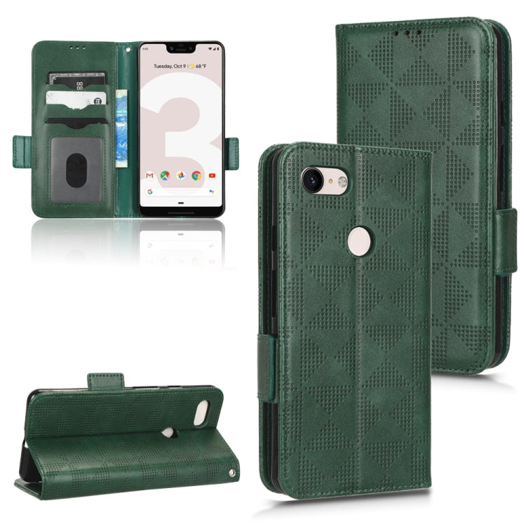 Dark green leather phone case with symmetric triangle pattern, flip cover and card holder pockets