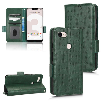Dark green leather phone case with symmetric triangle pattern, flip cover and card holder pockets