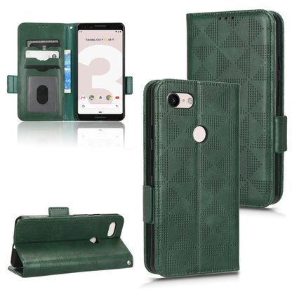 Dark green leather phone case with symmetric triangle pattern, flip stand cover and card slots