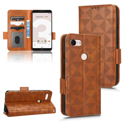 Brown leather folio phone case with symmetrical triangle pattern and ring grip