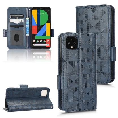 Blue leather-look flip phone case with geometric triangle pattern and open card holder
