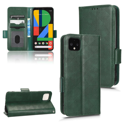 Dark green leather wallet phone case with symmetric triangle pattern, flip cover and side strap