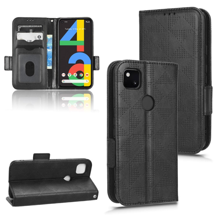 Black embossed leather-look phone wallet case with triangle pattern, magnetic stand cover