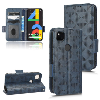 Blue leather-look phone case with geometric triangle texture and round back button cutout