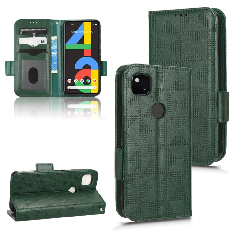 Dark green leather phone case with symmetric triangle pattern, flip wallet design and card slots