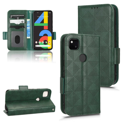 Dark green leather phone case with symmetric triangle pattern, flip wallet design and card slots