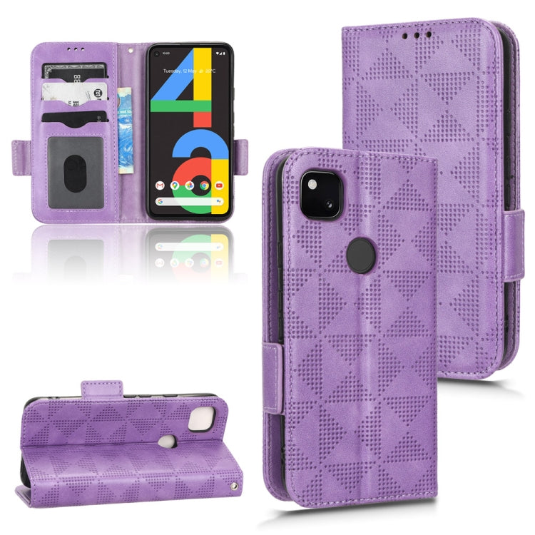 Purple leather phone case with symmetrical triangle pattern, flip cover, and rear cutouts