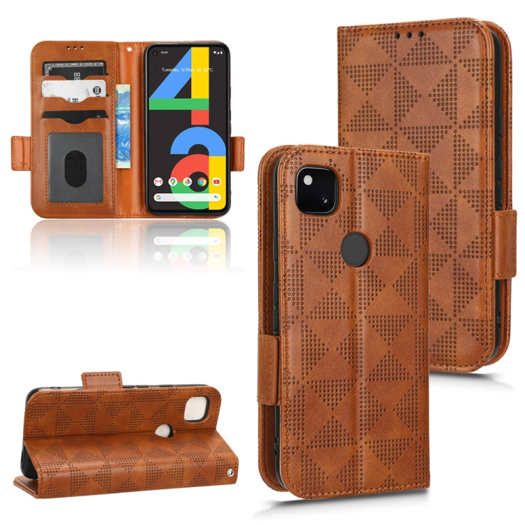 Brown symmetrical triangle leather phone case with ring grip and folio kickstand