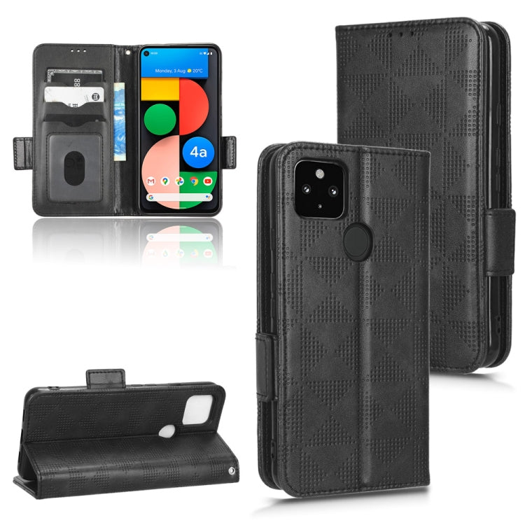 Black triangle-embossed leather-look phone case with flip cover, magnetic holder and stand