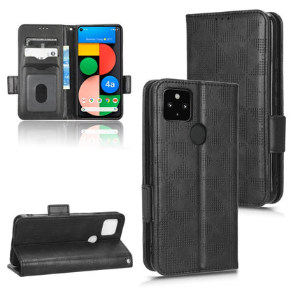 Black triangle-embossed leather-look phone case with flip cover, magnetic holder and stand