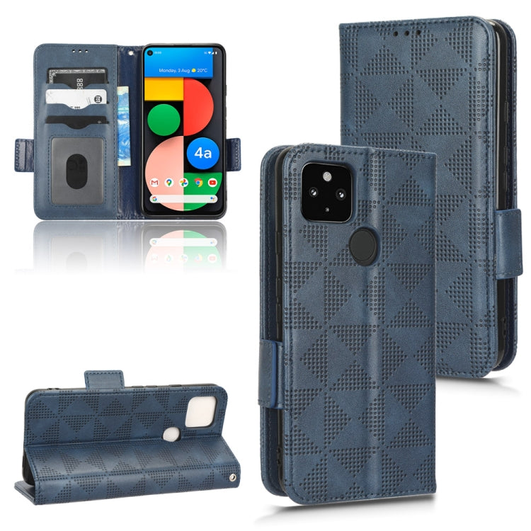 Blue leather-look flip wallet phone case with geometric triangle pattern and side strap
