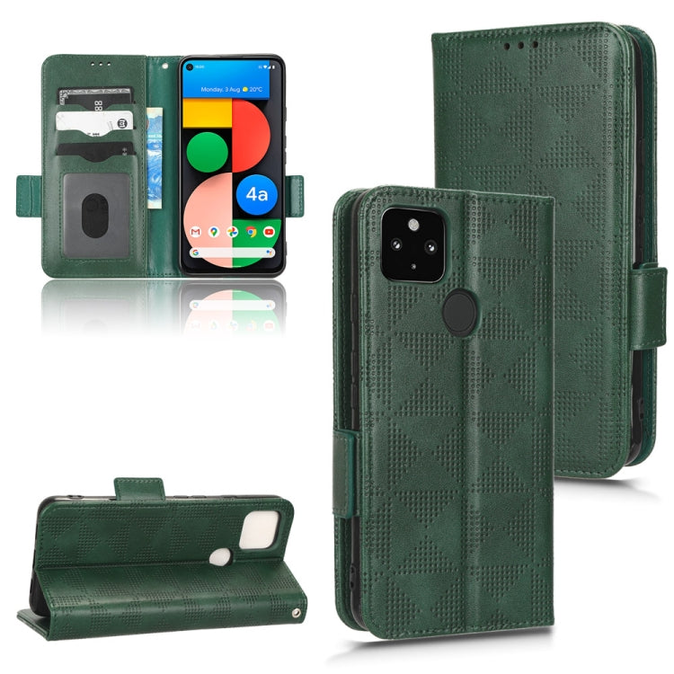 Dark green leather wallet phone case with symmetric triangle pattern, flip cover with kickstand