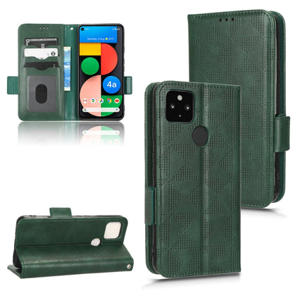 Dark green leather wallet phone case with symmetric triangle pattern, flip cover with kickstand
