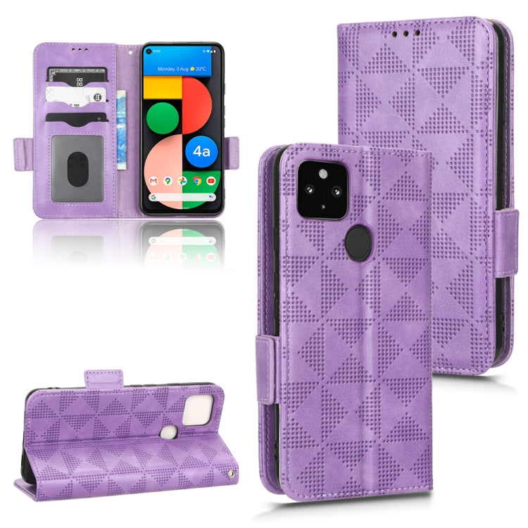 Purple leather phone case with symmetrical triangle pattern, front flip and kickstand