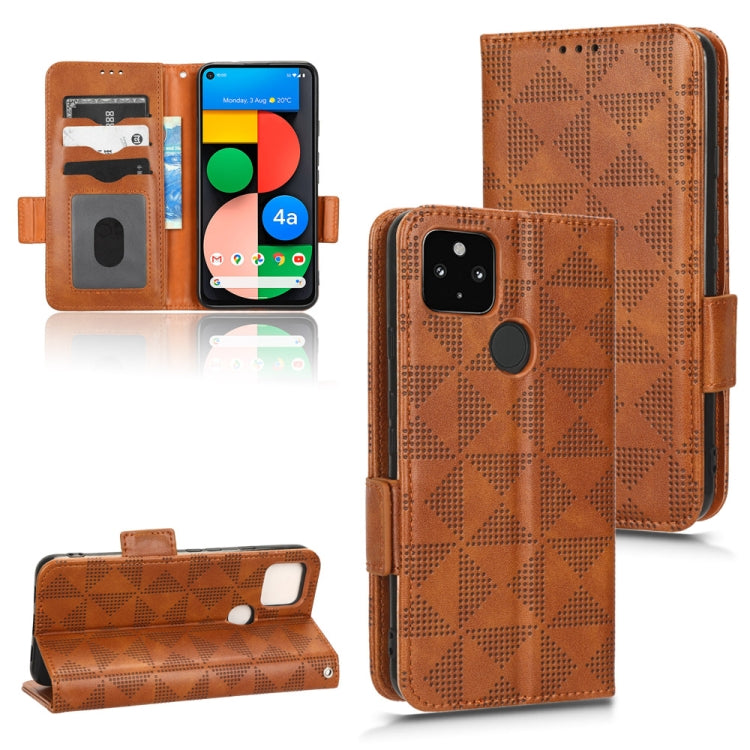 Brown symmetrical triangle leather phone case with ring grip, card slots, folio stand