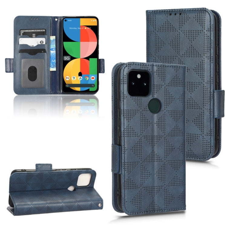 Blue folio phone case with geometric triangle texture, magnetic flap, card slots, stand