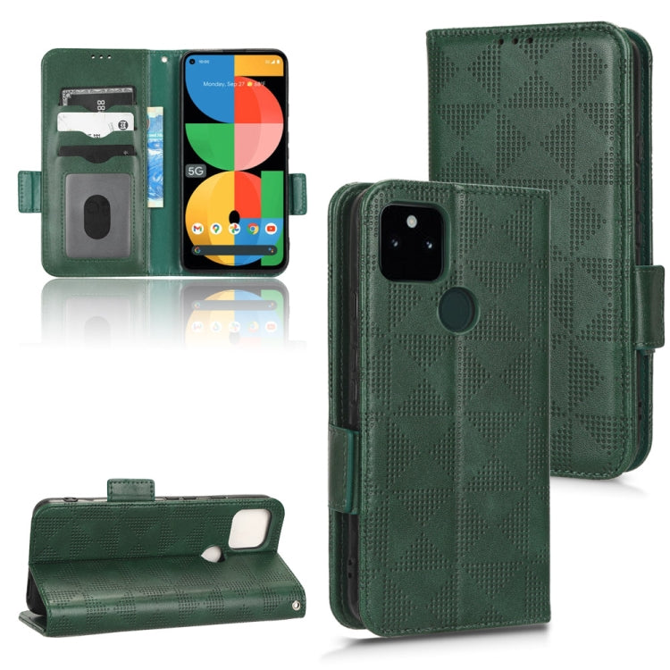 Dark green leather phone case with symmetric triangle pattern, flip cover with card slots and strap