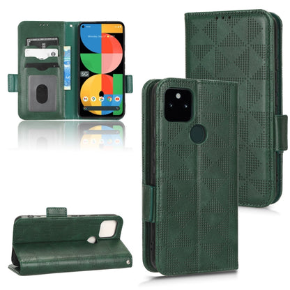 Dark green leather phone case with symmetric triangle pattern, flip cover with card slots and strap