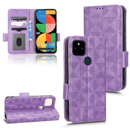 Purple leather phone case with symmetrical triangle pattern and side hand strap